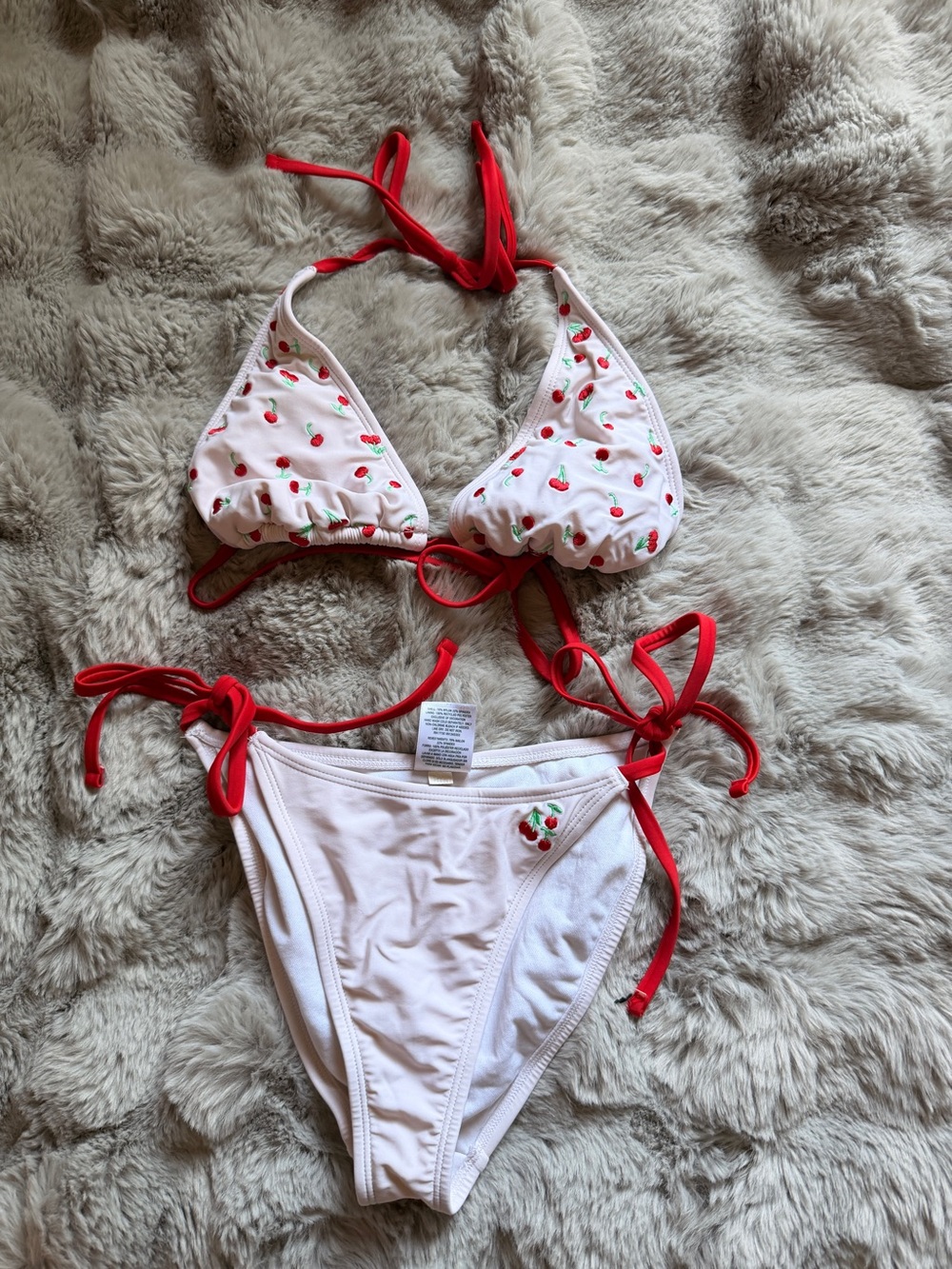 Red Trim White Cherry Print Bikini Set - Women